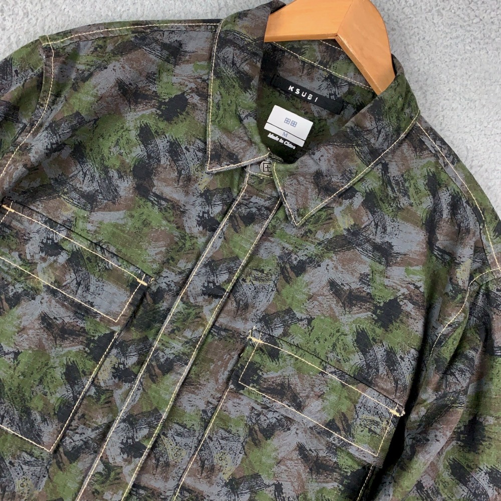 Ksubi Snakebite Camo Shirt Men's Medium M Green Cotton Ripstop Denim Long Sleeve